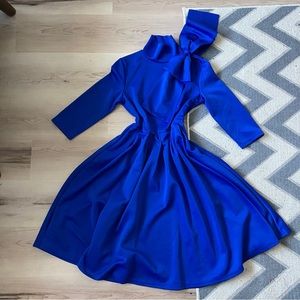 Sapphire Blue Pleated Dress with Bow, Size S